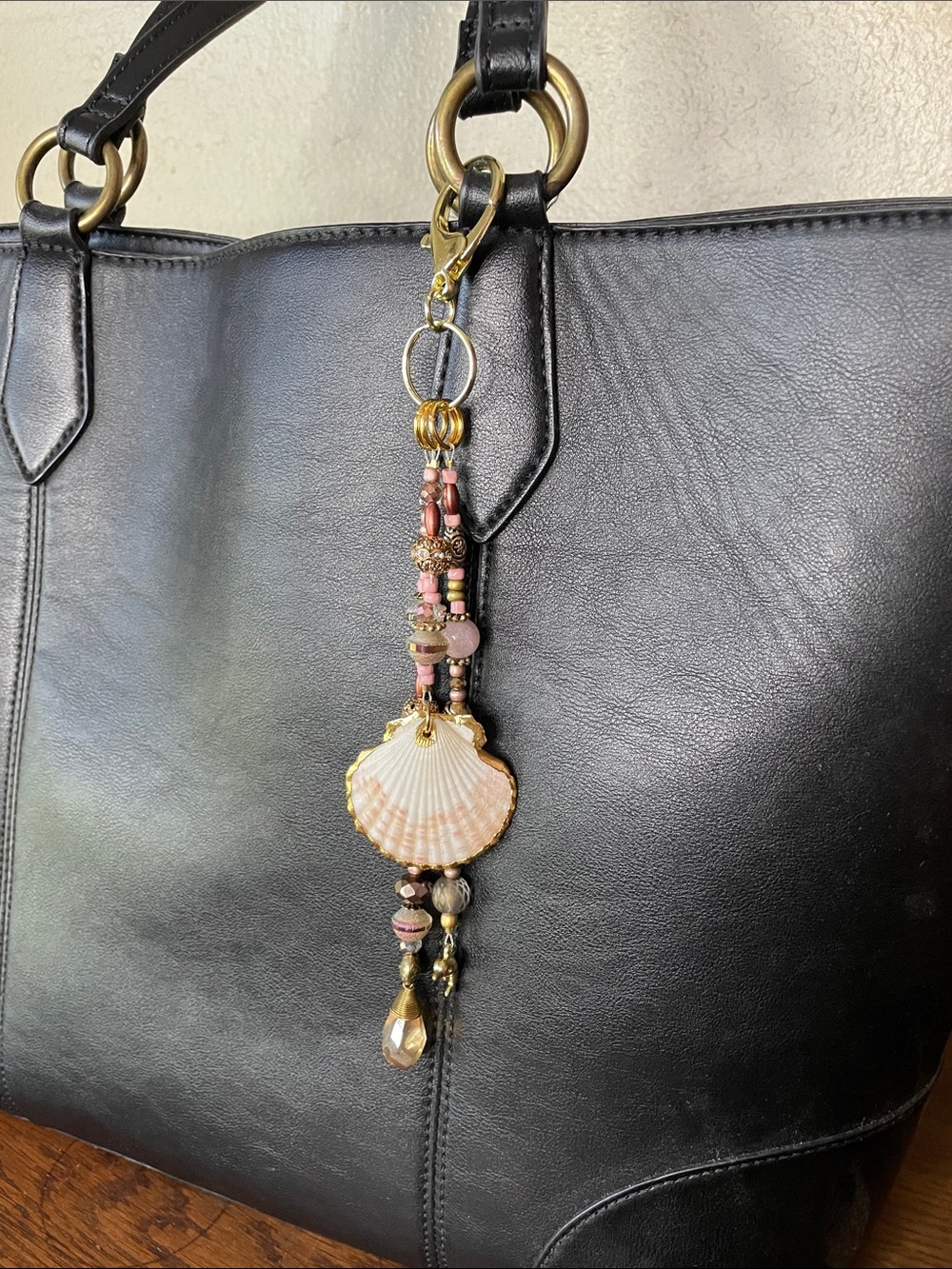 Pink Shell and Beads Tassel Purse Charm with Gold Accents Handmade